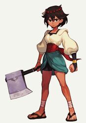  1girl ajna_(indivisible) axe bike_shorts bracelet bridal_gauntlets brown_eyes brown_hair dark_skin hankuri indivisible jewelry puffy_sleeves sandals sash 