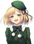  1girl :d bangs blonde_hair bow bowtie eyebrows_visible_through_hair fate_(series) green_bow green_eyes green_headwear green_jacket highres jacket kurage_(kurageru) looking_at_viewer lord_el-melloi_ii_case_files open_mouth reines_el-melloi_archisorte short_hair simple_background smile solo upper_body white_background younger 