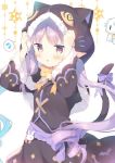  1girl :o animal_ears animal_hood arms_up bell black_capelet black_jacket black_skirt blush bow brown_eyes capelet cat_ears cat_girl cat_hood cat_tail commentary_request fake_animal_ears fur-trimmed_capelet fur-trimmed_hood fur-trimmed_sleeves fur_trim hikawa_kyoka hood hood_up hooded_capelet jacket jingle_bell long_hair long_sleeves looking_at_viewer low_twintails orange_bow parted_lips pointy_ears princess_connect! princess_connect!_re:dive purple_bow purple_hair skirt solo spoken_flying_sweatdrops tail tail_bow twintails very_long_hair white_background wide_sleeves yuizaki_kazuya 