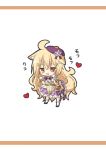  1girl :d ahoge animal_ear_fluff animal_ears bangs bare_shoulders beret blonde_hair blush bobby_socks braid brown_background brown_eyes chibi dog_ears dog_girl dog_tail eyebrows_visible_through_hair flower_knight_girl frilled_skirt frills hair_between_eyes hair_bobbles hair_ornament hands_up hat heart highres kemonomimi_mode kuko_(flower_knight_girl) leaning_forward long_hair open_mouth paw_pose puffy_short_sleeves puffy_sleeves purple_footwear purple_headwear purple_skirt purple_sleeves rinechun sailor_collar sailor_shirt shirt shoes short_sleeves side_braid single_braid skirt sleeveless sleeveless_shirt smile socks solo standing tail tail_raised tilted_headwear translated two-tone_background very_long_hair white_background white_legwear white_sailor_collar white_shirt x_hair_ornament 