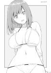  1girl arms_behind_back bangs bikini breasts eyebrows_visible_through_hair greyscale halter_top halterneck kichihachi large_breasts looking_at_viewer medium_hair monochrome navel open_mouth original outside_border simple_background solo standing stomach swimsuit twitter_username upper_teeth 