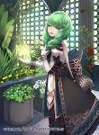  1girl back bow dress drill_hair fire_emblem fire_emblem:_three_houses fire_emblem_cipher flayn_(fire_emblem) flower gloves grass green_eyes green_hair hair_ornament hairclip kurosawa_tetsu leaf long_hair magic open_mouth solo sparkle 