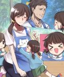  &gt;_&lt; 1boy 3girls amulai animal_print apron blue_shirt blush brown_hair child collarbone genderswap genderswap_(mtf) kindergarten_uniform long_sleeves original school_uniform scrunchie shirt shorts side_ponytail smile tears tree wince 