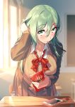  1girl adjusting_hair ascot blazer blew_andwhite breasts brown_jacket brown_skirt cellphone chair chalkboard classroom commentary_request desk enemy_lifebuoy_(kantai_collection) food food_in_mouth green_eyes green_hair hair_between_eyes hair_ornament hairclip highres indoors jacket kantai_collection large_breasts long_hair long_sleeves looking_at_viewer mouth_hold neck_ribbon phone pleated_skirt pocky red_ribbon ribbon school_chair school_desk school_uniform skirt smartphone smile solo suzuya_(kantai_collection) 