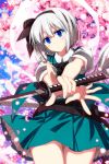  1girl bangs belt black_belt black_bow black_hairband blue_eyes blush bow bowtie cherry_blossoms commentary_request day eyebrows_visible_through_hair green_shirt green_vest hair_ribbon hairband highres holding holding_sword holding_weapon katana konpaku_youmu konpaku_youmu_(ghost) miniskirt petals puffy_short_sleeves puffy_sleeves ribbon sazanami_mio shirt short_hair short_sleeves silver_hair skirt skirt_set sky solo sword touhou tree vest weapon white_shirt 