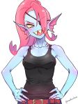  1girl blue_skin blush eyepatch head_fins highres long_hair looking_at_viewer monster_girl noaharbre open_mouth ponytail redhead sharp_teeth shirt simple_background smile solo tank_top teeth undertale undyne white_background yellow_sclera yellow_skin yellow_teeth 