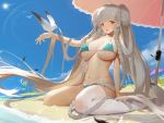  1girl :o absurdres animal animal_on_head aqua_bikini arm_up azur_lane bangs bare_shoulders beach beach_umbrella bikini bird bird_on_head blunt_bangs blush braid breasts bright_pupils cubies_(tiger_205) double_bun eyebrows_visible_through_hair formidable_(azur_lane) formidable_(the_lady_of_the_beach)_(azur_lane) highres large_breasts lens_flare long_hair looking_at_viewer multi-strapped_bikini navel on_ground on_head open_mouth palm_tree red_eyes seagull silver_hair single_thighhigh sitting skindentation solo stomach sun sweat swimsuit thigh-highs tree twin_braids umbrella under_boob very_long_hair wariza white_legwear 