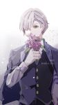  1boy ashe_duran black_vest fire_emblem fire_emblem:_three_houses flower formal freckles green_eyes highres holding holding_flower jacket_on_shoulders long_sleeves looking_at_viewer male_focus nashisakura_(rio) pale_skin silver_hair simple_background solo standing suit twitter_username uniform upper_body vest white_background 