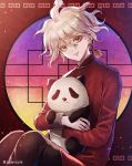  1boy ahoge alternate_costume alternate_hairstyle animal artist_name commentary_request dangan_ronpa eyebrows_visible_through_hair hair_between_eyes holding holding_animal jacket komaeda_nagito long_hair long_sleeves male_focus panda ponytail red_jacket smile solo super_dangan_ronpa_2 white_hair z-epto_(chat-noir86) 