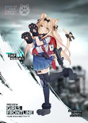  1girl alternate_costume animal_ears bag bangs bell bell_choker black_bow blonde_hair blue_skirt blush bow breasts cat_ears cat_paws cat_tail choker eyebrows_visible_through_hair fur girls_frontline green_eyes gun haijin hair_bell hair_between_eyes hair_bow hair_ornament hands_up highres jingle_bell long_hair looking_at_viewer neckerchief official_art paws pleated_skirt red_neckwear sailor_collar school_bag school_uniform serafuku short_sleeves sidelocks single_knee_pad skirt small_breasts solo standing standing_on_one_leg steyr_tmp submachine_gun tail tail_bell tail_bow tmp_(girls_frontline) very_long_hair weapon 