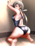  1girl alternate_costume ass blush breasts brown_eyes chitose_(kantai_collection) competition_swimsuit grey_hair highres kantai_collection long_hair looking_at_viewer medium_breasts one-piece_swimsuit ponytail ribbon sitting solo swimsuit tama_(seiga46239239) white_ribbon 