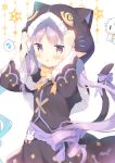  1girl :o animal_ears animal_hood arms_up bell black_capelet black_jacket black_skirt blush bow brown_eyes capelet cat_ears cat_girl cat_hood cat_tail commentary_request fake_animal_ears fur-trimmed_capelet fur-trimmed_hood fur-trimmed_sleeves fur_trim hikawa_kyoka hood hood_up hooded_capelet jacket jingle_bell long_hair long_sleeves looking_at_viewer low_twintails orange_bow parted_lips pointy_ears princess_connect! princess_connect!_re:dive purple_bow purple_hair skirt solo spoken_flying_sweatdrops tail tail_bow twintails very_long_hair white_background wide_sleeves yuizaki_kazuya 