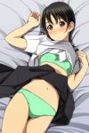  1girl absurdres arm_up bangs bed_sheet black_hair black_sailor_collar black_skirt blush bra breasts brown_eyes closed_mouth eyebrows_visible_through_hair green_bra green_panties hand_up highres looking_at_viewer lying matsunaga_kouyou navel nose_blush on_back original panties pleated_skirt sailor_collar school_uniform serafuku shirt shirt_lift short_sleeves skirt skirt_lift small_breasts solo thigh_gap underwear white_shirt 