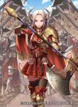  1girl armor army axe bangs blonde_hair blue_eyes blunt_bangs cape dress edelgard_von_hresvelg fire_emblem fire_emblem:_three_houses fire_emblem_cipher hair_ribbon i-la long_hair official_art ribbon solo thigh-highs weapon 