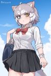  1girl alternate_costume animal_ears bag blue_eyes bow bowtie clouds collared_shirt cowboy_shot dog_(mixed_breed)_(kemono_friends) dog_ears dog_girl dog_tail eyebrows_visible_through_hair from_below grey_hair grey_skirt heterochromia japari_symbol kemono_friends long_sleeves multicolored_hair nyifu pleated_skirt red_neckwear school_bag school_uniform shirt short_hair skirt sky sleeves_rolled_up solo tail two-tone_hair white_hair white_shirt wristband yellow_eyes 