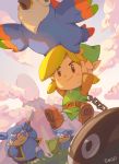  1boy belt bird blonde_hair brown_belt brown_footwear chain chicken clouds commentary_request egg green_shirt highres holding holding_shield holding_spear holding_weapon link moblin mountain outdoors polearm shield shirt shoes shopp smile spear tagme the_legend_of_zelda the_legend_of_zelda:_link&#039;s_awakening weapon 