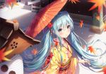  1girl absurdres aqua_hair autumn_leaves bangs blue_eyes blush closed_mouth collarbone dangmyo eyebrows_visible_through_hair eyes_visible_through_hair floral_print flower from_above hair_between_eyes hair_flower hair_ornament hatsune_miku highres holding holding_umbrella huge_filesize japanese_clothes kimono lantern leaf long_hair long_sleeves looking_at_viewer maple_leaf obi oriental_umbrella outdoors paper_lantern sash sidelocks solo twintails umbrella vocaloid wide_sleeves 