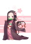  1girl bamboo bangs bit_gag black_hair blush brown_hair checkered commentary_request fingernails floral_background forehead full_body gag gradient_hair hair_ribbon highres japanese_clothes kamado_nezuko kimetsu_no_yaiba kimono long_hair long_sleeves looking_at_viewer mouth_hold multicolored_hair nail_polish newey obi open_clothes parted_bangs pinching pink_background pink_kimono pink_nails pink_ribbon red_eyes ribbon sash sharp_fingernails sleeves_past_wrists solo standing two-tone_background very_long_hair white_background wide_sleeves 