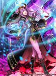  1girl axe beret boots bow_(weapon) character_name character_request feathers fire_emblem fire_emblem:_three_houses fire_emblem_cipher flower gloves hat long_hair magic_circle official_art open_mouth petals pink_eyes pink_hair rose solo sparkle sword teeth thigh-highs veil weapon 
