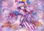  1girl artist_name blue_bow blue_ribbon blush book bow commentary_request dated dress frilled_sleeves frills hair_bow hat hat_ribbon long_dress long_hair long_sleeves mob_cap mosho patchouli_knowledge purple_background purple_dress purple_hair red_bow red_ribbon ribbon socks solo striped striped_dress touhou traditional_media very_long_hair violet_eyes 