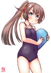  1girl alternate_costume artist_logo black_swimsuit blush brown_hair commentary_request competition_school_swimsuit contrapposto cowboy_shot dated grey_eyes hair_ribbon highres kanon_(kurogane_knights) kantai_collection kazagumo_(kantai_collection) kickboard long_hair looking_at_viewer ponytail pout ribbon school_swimsuit simple_background solo swimsuit tsurime white_background 