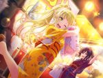 2girls bang_dream! blonde_hair blush japanese_clothes kimono lights long_hair looking_at_viewer official_art open_mouth ponytail seta_kaoru smile sparkle tsurumaki_kokoro wink yellow_eyes yukata