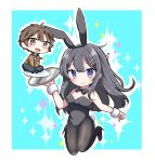  1boy 1girl :d absurdres animal_ears azusagawa_sakuta bangs bare_shoulders between_legs black_footwear black_hair black_hairband black_legwear black_leotard black_neckwear blue_background blue_pants blush bow bowtie breasts brown_eyes brown_hair brown_jacket brown_legwear bunny_girl bunny_hair_ornament bunny_tail bunnysuit chibi closed_mouth collar collared_shirt commentary_request detached_collar eyebrows_visible_through_hair fake_animal_ears full_body hair_between_eyes hair_ornament hairband hairclip hand_between_legs high_heels highres holding holding_tray jacket jako_(jakoo21) leotard long_hair looking_at_viewer medium_breasts necktie open_mouth outline pants pantyhose plate rabbit_ears red_neckwear sakurajima_mai seishun_buta_yarou shirt shoes smile socks sparkle_background strapless strapless_leotard tail tray two-tone_background very_long_hair violet_eyes white_background white_collar white_outline white_shirt wrist_cuffs 