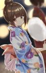  1girl bangs blue_kimono blurry blurry_background blush bow brown_eyes brown_hair cotton_candy eyebrows_visible_through_hair floral_print from_side hair_bun highres japanese_clothes kichi_(kichifav) kimono large_bow long_sleeves mole mole_under_eye multicolored multicolored_clothes multicolored_kimono original smile solo wide_sleeves yukata 