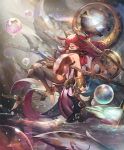  1girl anklet artist_request bare_shoulders blue_hair bracelet breasts bubble crystal gradient_hair hair_ornament izalue_herald_of_death jewelry long_hair multicolored_hair official_art orb pelvic_curtain redhead shadowverse small_breasts stirrup_legwear sword toeless_legwear two-tone_hair water weapon 