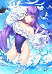  1girl bangs bare_shoulders blue_eyes blue_ribbon blue_sky blue_swimsuit breasts choker collarbone covered_navel fate/grand_order fate_(series) frills hair_between_eyes highleg highleg_swimsuit long_hair long_sleeves looking_at_viewer meltryllis meltryllis_(swimsuit_lancer)_(fate) ocean one-piece_swimsuit orca parted_lips pine_(angel4195202) puffy_sleeves purple_hair ribbon sky sleeves_past_fingers sleeves_past_wrists small_breasts sparkle swimsuit very_long_hair 