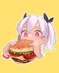  +_+ 1girl black_ribbon bracelet commentary cropped_shoulders eating english_commentary food hair_ribbon hamburger highres holding holding_food jewelry milim_nova_(artist) original red_eyes ribbon short_hair silver_hair simple_background solo yellow_background 