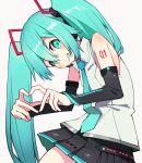  1girl bangs bare_shoulders black_skirt blue_eyes blue_hair blue_neckwear blush clenched_teeth cowboy_shot detached_sleeves fingers_together flat_chest grin hair_between_eyes hatsune_miku hatsune_miku_(vocaloid4) head_tilt heart heart_hands highres hirokawa_desu leaning leaning_forward long_hair looking_at_viewer necktie no_nose number_tattoo shirt shoulder_tattoo simple_background skirt sleeveless sleeveless_shirt smile solo tattoo teeth thighs twintails very_long_hair vocaloid white_background white_shirt 