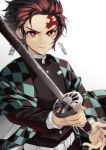  1boy doran7280 earrings hanafuda haori highres holding japanese_clothes jewelry kamado_tanjirou kimetsu_no_yaiba looking_at_viewer red_eyes redhead scar solo sword upper_body weapon white_background 