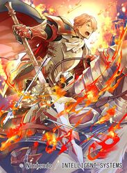  1boy armor armored_boots arrow boots cape ferdinand_von_aegir fire fire_emblem fire_emblem:_three_houses fire_emblem_cipher gloves horseback_riding nagahama_megumi official_art open_mouth orange_eyes orange_hair polearm riding solo spear teeth weapon 