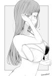 1girl adjusting_hair arm_up bikini blush breasts butt_crack from_side front-tie_bikini front-tie_top greyscale kichihachi large_breasts long_hair monochrome original outside_border simple_background solo straight_hair sweat swimsuit twitter_username 