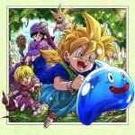  1girl 2boys black_hair blonde_hair blue_eyes blue_sky bracelet brother_and_sister cape clouds cloudy_sky dragon_quest dragon_quest_v father_and_daughter father_and_son female_child full_body hatiware12 hero&#039;s_daughter_(dq5) hero&#039;s_son_(dq5) hero_(dq5) holding jewelry long_hair low_ponytail male_child multiple_boys outdoors running siblings sky slime_(dragon_quest) tree turban 