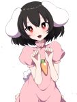  1girl :3 animal_ears arms_up barefoot black_hair blush bright_pupils bunny_tail carrot_necklace commentary_request dress fang floppy_ears hair_between_eyes head_tilt high_collar highres inaba_tewi open_mouth paw_pose pink_dress puffy_short_sleeves puffy_sleeves rabbit_ears red_eyes short_hair short_sleeves simple_background sitting solo tail touhou tsukimirin wariza white_background white_pupils 