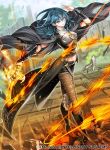  1girl armor bangs black_armor black_footwear blue_eyes blue_hair byleth_(fire_emblem) byleth_eisner_(female) dagger fire_emblem fire_emblem:_three_houses fire_emblem_cipher gloves glowing glowing_sword glowing_weapon hair_between_eyes jacket looking_at_viewer official_art pantyhose stomach sword tagme toyo_sao tunic weapon whip_sword 