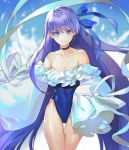  1girl bangs bare_shoulders blue_eyes blue_ribbon blue_sky blue_swimsuit blush breasts choker closed_mouth collarbone covered_navel fate/grand_order fate_(series) frills hair_between_eyes highleg highleg_swimsuit long_hair long_sleeves looking_at_viewer meltryllis meltryllis_(swimsuit_lancer)_(fate) one-piece_swimsuit pg_(lhotseshar) puffy_sleeves purple_hair ribbon sky sleeves_past_fingers sleeves_past_wrists small_breasts smile solo swimsuit very_long_hair 