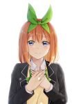  1girl absurdres bangs black_jacket blazer blue_eyes blush bow bowtie closed_mouth collared_shirt commentary_request eyebrows_visible_through_hair go-toubun_no_hanayome green_bow green_neckwear green_ribbon hair_ribbon hands_on_own_chest highres jacket long_sleeves looking_at_viewer medium_hair nakano_yotsuba open_clothes open_jacket orange_hair ribbon sayumari shirt simple_background smile solo upper_body white_background white_shirt wing_collar 