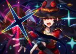  1girl belt black_belt cape casting_spell collar dress fingerless_gloves gloves hat holding holding_staff kamu_(kamuuei) kono_subarashii_sekai_ni_shukufuku_wo! magic megumin open_mouth red_dress red_eyes short_hair_with_long_locks staff witch_hat 