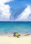  1boy beach blonde_hair clouds green_headwear hat koto_inari link ocean plank pointy_ears the_legend_of_zelda the_legend_of_zelda:_link&#039;s_awakening unconscious wind_fish 