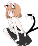  1girl alternate_costume animal_ear_fluff animal_ears backless_outfit bare_back bare_shoulders blush brown_hair cat_ears cat_tail chen commentary enmaided eyebrows_visible_through_hair eyes_visible_through_hair feet_out_of_frame finger_to_mouth from_side gloves highres jewelry looking_at_viewer looking_to_the_side maid maid_headdress medium_hair multiple_tails red_eyes ribbon shiisuu_rattamu simple_background single_earring smile solo squatting tail tail_ribbon touhou two_tails white_background white_gloves white_ribbon 
