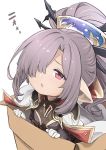  1girl bangs blush box breasts cape cardboard_box commentary_request eyebrows_visible_through_hair feff672166 gloves granblue_fantasy hair_ornament hair_over_one_eye harvin high_ponytail in_box in_container long_hair looking_at_viewer nio_(granblue_fantasy) parted_lips pointy_ears ponytail purple_hair red_eyes sidelocks simple_background small_breasts solo translated white_background white_cape white_gloves 