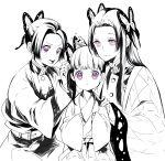  3girls adjusting_hair_ornament bangs belt butterfly_hair_ornament child dressing_another hair_ornament hand_on_another&#039;s_shoulder haori japanese_clothes kimetsu_no_yaiba kochou_kanae kochou_shinobu long_hair long_sleeves looking_at_viewer multiple_girls siblings side_ponytail simple_background sisters sleeves_past_wrists smile spot_color sugahara_ryuu sweatdrop tsuyuri_kanao uniform violet_eyes 