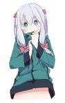  1girl aqua_eyes blue_eyes blue_hair bow eromanga_sensei grey_hair hair_bow ixy izumi_sagiri jacket long_hair low-tied_long_hair pink_bow silver_hair 