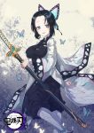  1girl absurdres black_hair breasts bug butterfly butterfly_hair_ornament copyright_name hair_ornament haori highres holding holding_sword holding_weapon huge_filesize insect japanese_clothes kimetsu_no_yaiba kochou_shinobu kw00789 large_breasts lips looking_at_viewer parted_lips sidelocks smile solo sword uniform weapon 