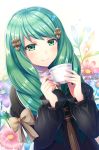  1girl artist_name blush bow cup drill_hair fire_emblem fire_emblem:_three_houses flayn_(fire_emblem) flower green_eyes green_hair hair_ornament hairclip leaf long_hair smk023 solo sparkle star star-shaped_pupils symbol-shaped_pupils teacup upper_body white_background 