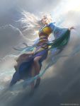  1girl absurdres blue_eyes braid breasts clouds dress earrings english_commentary flats floating floating_hair hagoromo hair_ornament highres jewelry layered_dress long_hair long_sleeves looking_to_the_side magic:_the_gathering medium_breasts mu_yanling multicolored multicolored_clothes multicolored_dress obi official_art outdoors outstretched_arms rike_lee sash shawl side_slit sky solo spread_arms white_hair wide_sleeves yellow_dress 