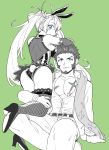  1boy 1girl animal_ears arm_support belt bradamante_(fate/grand_order) bunny_girl bunny_tail bunnysuit facial_hair fake_animal_ears fake_tail fate/grand_order fate_(series) fishnet_legwear fishnets goatee green_background greyscale lace lace-trimmed_legwear ladies_&amp;_gentlemen_(fate/grand_order) looking_at_viewer looking_back monochrome napoleon_bonaparte_(fate/grand_order) open_clothes open_shirt rabbit_ears scar shitappa sideburns simple_background sitting tail thigh-highs twintails welcome_bunny_(fate/grand_order) 